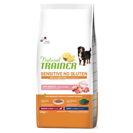Natural Trainer Sensitive No Gluten Adult Medium Maxi Maiale e Cereali Integrali 12 kg in Cani
