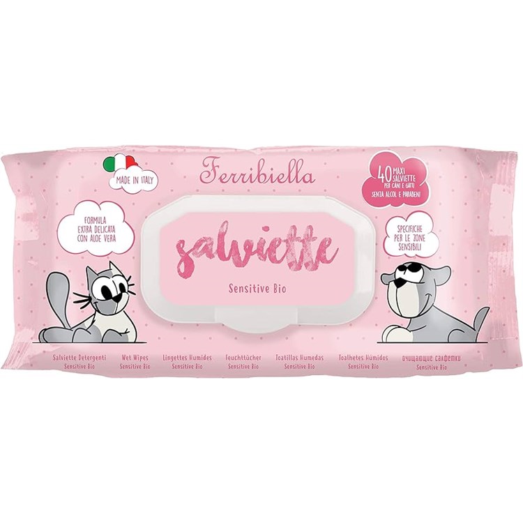 Ferribiella 40 Salviette Detergenti Bio Sensitive Delicate Per Muso Occhi e Orecchie