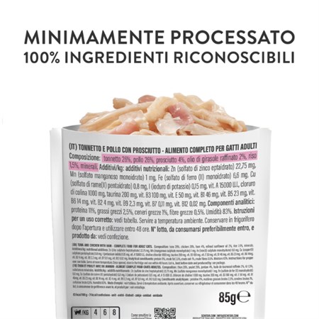 Schesir Complements Tonnetto e Pollo Con Prosciutto 85 gr Bustina Umido Per Gatti in Gatti