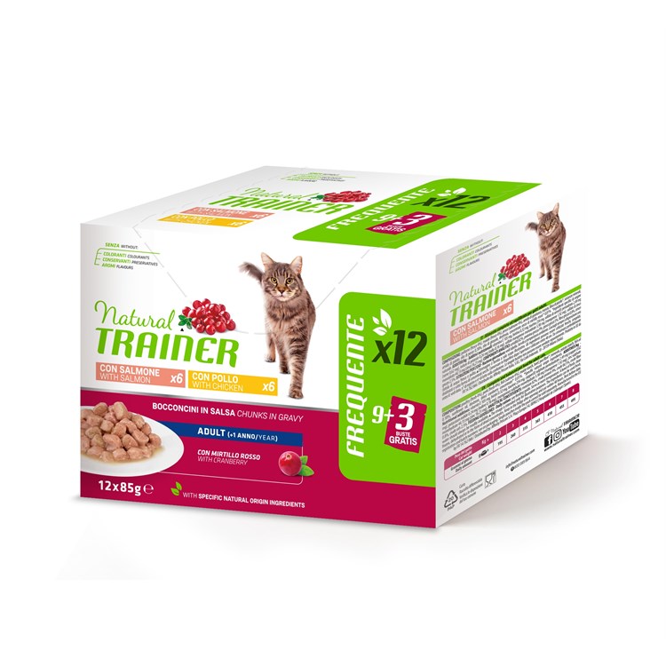 Natural Trainer Sterilised Cat Bocconcini Multipack 12 bustine 85 gr (6 Merluzzo + 6 Tacchino) Umido Gatti