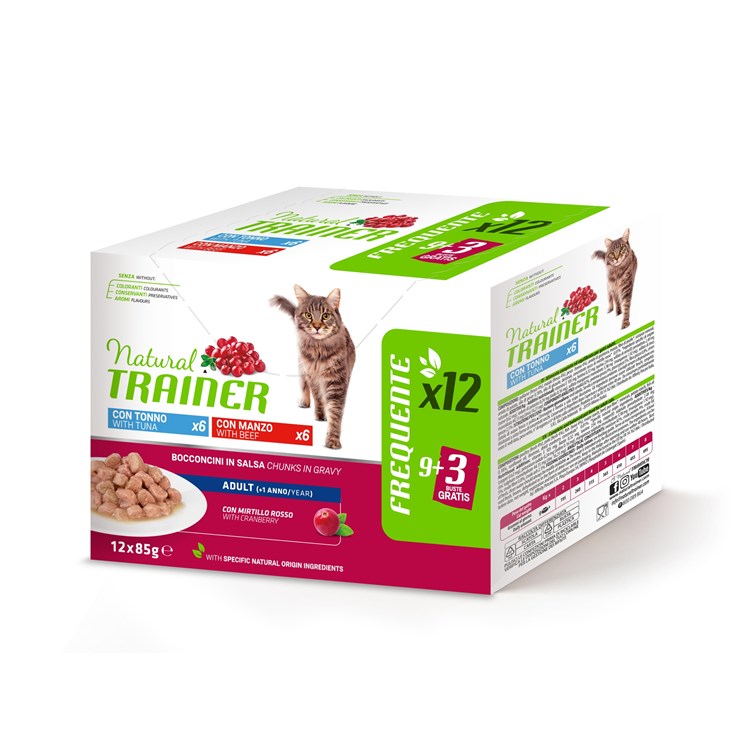Natural Trainer Adult Cat Bocconcini Multipack 12 bustine 85 gr (6 Tonno + 6 Manzo) Umido Gatti
