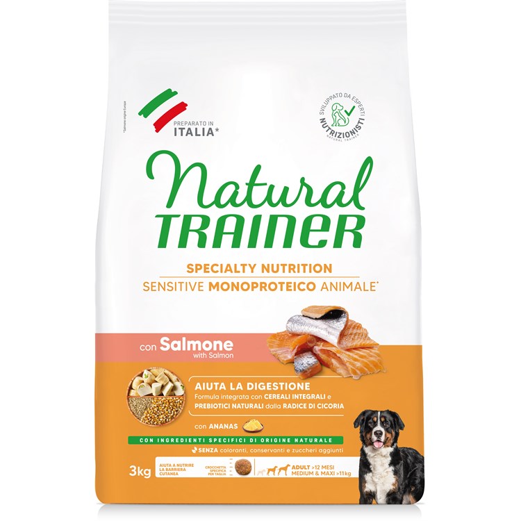 Natural Trainer Sensitive Adult Medium Maxi No Gluten Salmone Cereali Integrali 3 kg