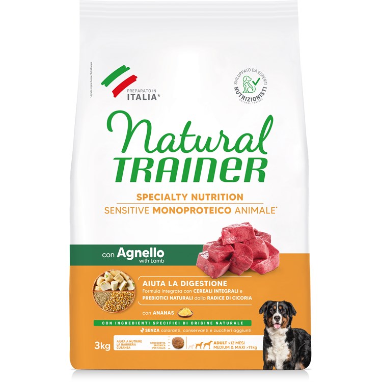 Natural Trainer Sensitive Adult Medium Maxi No Gluten Agnello Cereali Integrali 3 kg