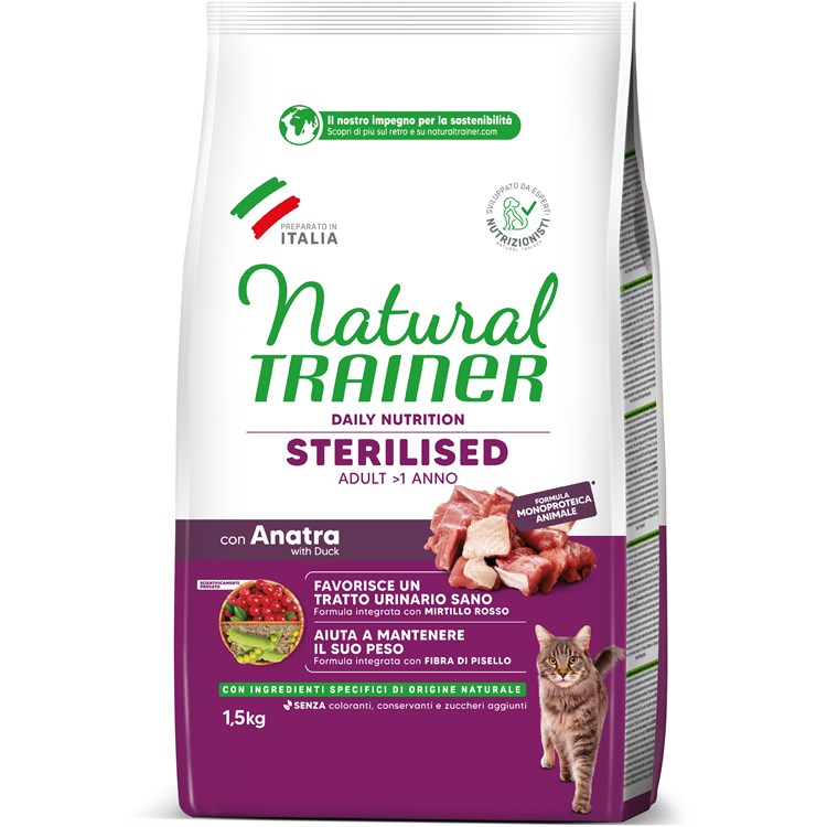 Natural Trainer Sterilised Anatra 1,5 Kg Crocchette Per Gatti Sterilizzati