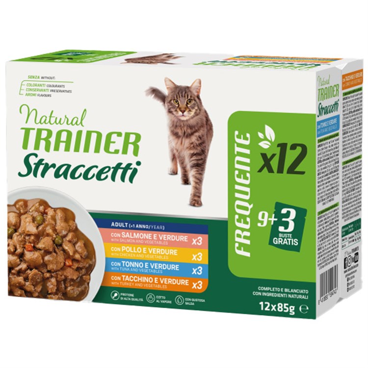 Natural Trainer Adult Straccetti Multipack 12 bustine 85 gr (Pollo, Tonno, Salmone, Tacchino) Umido Gatti