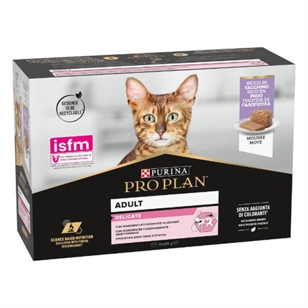 Purina Pro Plan Cat Adult Delicate Lattina 12X85 Gr Mousse Con Tacchino in Gatti