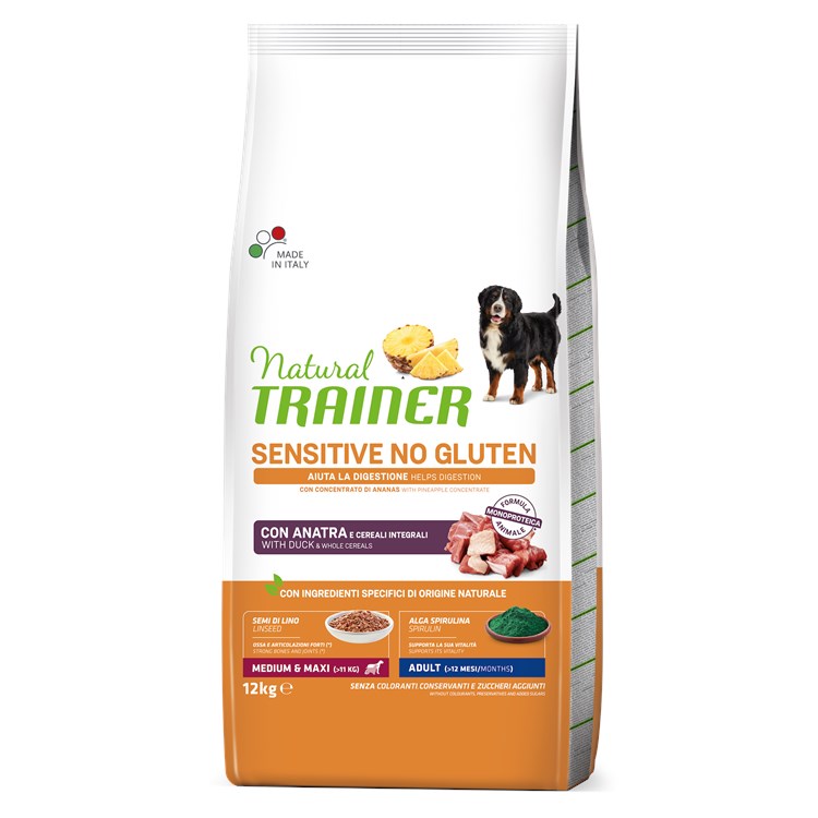 Natural Trainer Fitness Sensitive Adult Medium Maxi No Gluten Anatra e Cereali Integrali 12 kg
