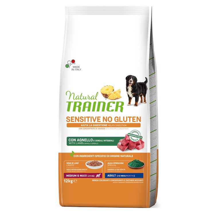 Natural Trainer Fitness Sensitive Adult Medium Maxi No Gluten Agnello E Cereali Integrali 12 kg