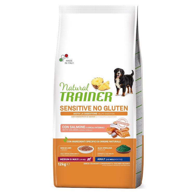 Natural Trainer Fitness Sensitive Adult Medium Maxi No Gluten Salmone e Cereali Integrali 12 kg