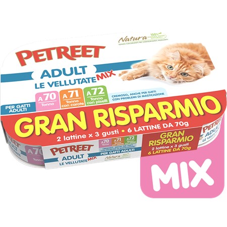 Petreet Adult Le Vellutate Tonno MIX 6x70 gr A70 A71 A72 6 Scatolette Umido Gatto in Gatti