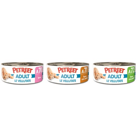 Petreet Adult Le Vellutate Tonno MIX 6x70 gr A70 A71 A72 6 Scatolette Umido Gatto in Gatti