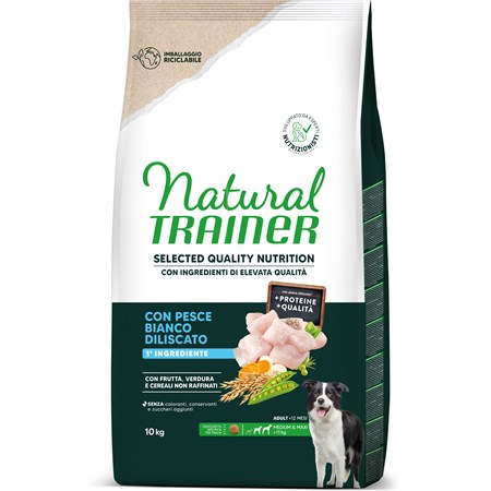 Natural Trainer Selected Quality Nutrition Cane Healthy Grain Medium/Maxi Pesce Bianco 10kg in Cani