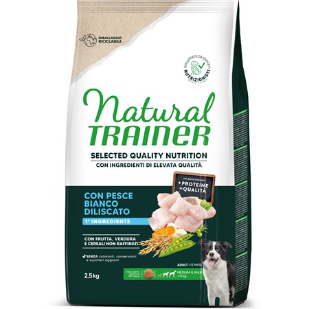 Natural Trainer Selected Quality Nutrition Cane Healthy Grain Medium/Maxi Pesce Bianco 2,5kg in Cani