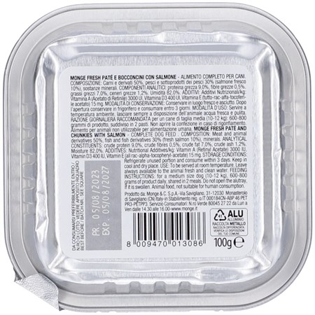 Monge Dog Fresh Pate Con Bocconcini di Salmone 100 gr Vaschetta per cani in Cani