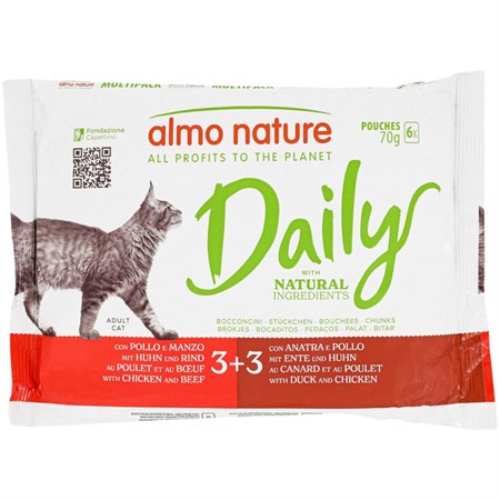almo nature daily multipack pollo manzo e pollo anatra 6 x 70 gr bustine umido per gatti