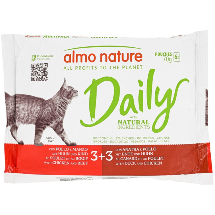 Almo Nature Daily Multipack Pollo Manzo e Pollo Anatra 6 x 70 gr Bustine Umido Per Gatti