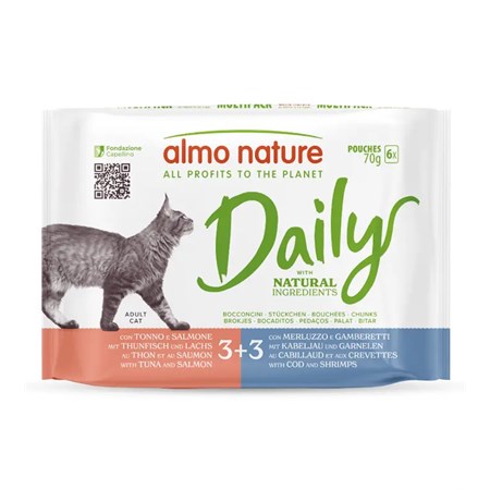 almo nature daily multipack tonno salmone e merluzzo gamberetti 6 x 70 gr bustine umido per gatti
