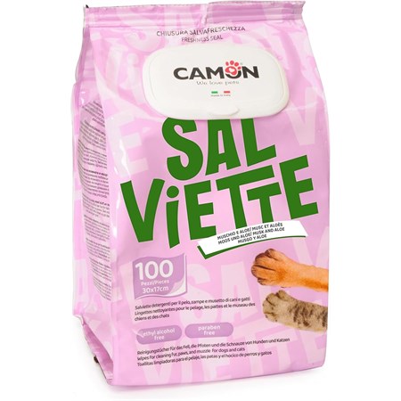 camon 100 salviette detergenti al muschio e aloe per cani e gatti maxi formato