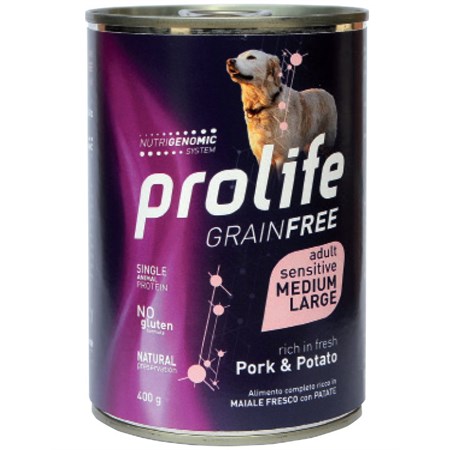 club prolife dog medium large adult sensitive grain free maiale e patate 400 gr umido per cani