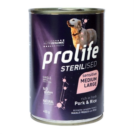 club prolife dog medium large sterilised sensitive maiale e riso 400 gr umido per cani