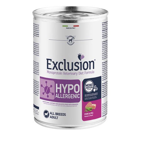 exclusion diet hypoallergenic adult maiale e piselli 400 gr barattolo umido per cane