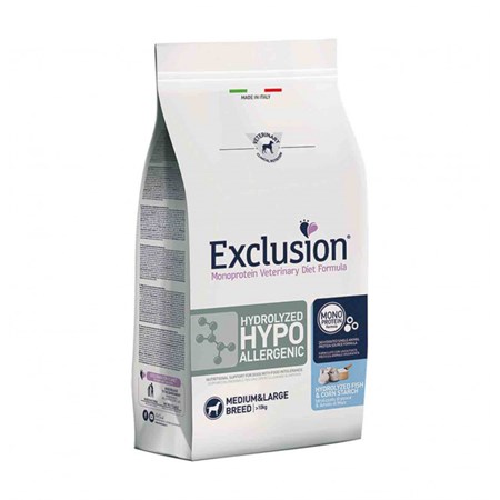 exclusion diet hypoallergenic hydrolyzed 12 kg pesce e amido di mais per cane