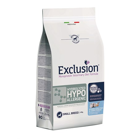 exclusion hypoallergenic hydrolyzed small adult 2 kg pesce e amido di mais per cane