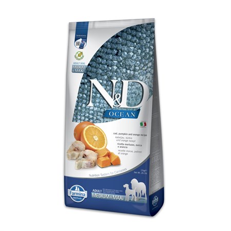 farmina n d grain free ocean pumpkin medium maxi adult 12 kg merluzzo arancia zucca