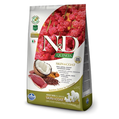 farmina n d quinoa grain free adult all breed skin coat anatra cocco 2 5 kg
