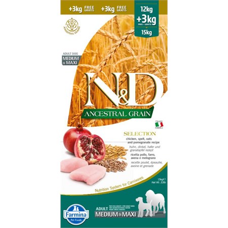 farmina nd selection ancestral grain adult medium maxi pollo 12 3 kg 15 kg danneggiato