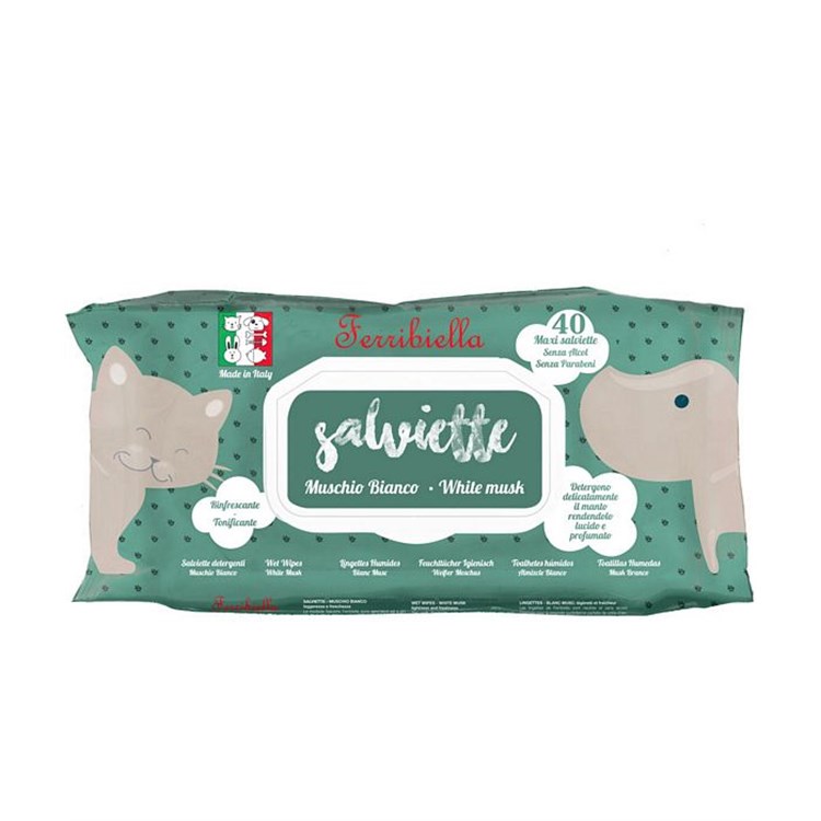 Ferribiella 40 Salviette Detergenti Al Muschio Bianchi Rinfrescanti Per il pelo