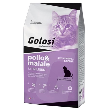 golosi cat sterilised hairball low fatt pollo maiale 7 5 kg crocchette per gatti