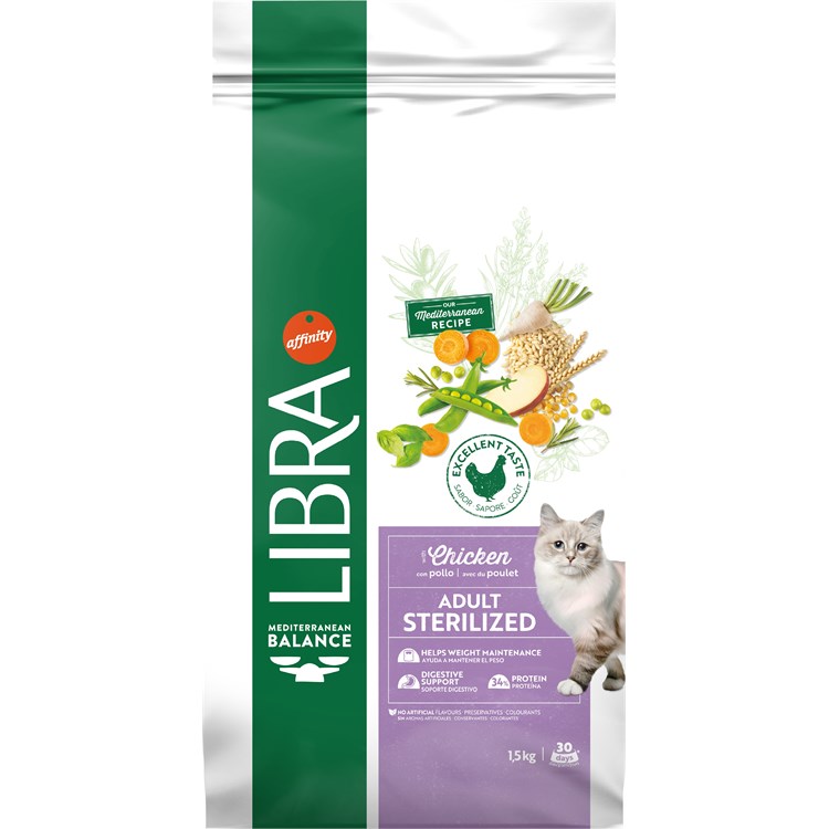 Libra Cat Adult Sterilized Pollo e Orzo 1,5 kg Crocchette Per Gatto