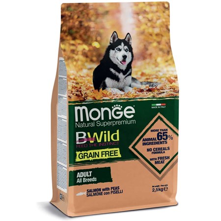 monge bwild grain free adult all breed salmone e piselli 12 kg per cani