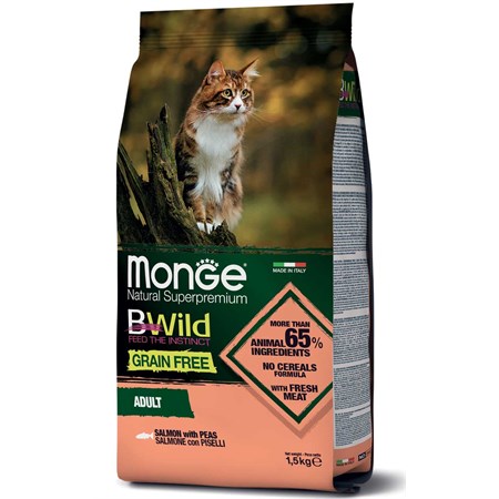 monge bwild grain free adult salmone piselli 1 5 kg per gatti