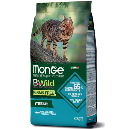 monge bwild grain free adult sterilised tonno piselli 1 5 kg per gatti