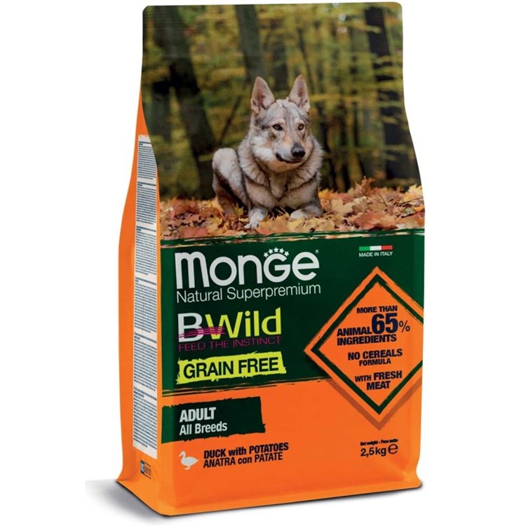 Monge Bwild Grain Free All Breeds Adult Anatra e Patate 2,5 kg Per Cani