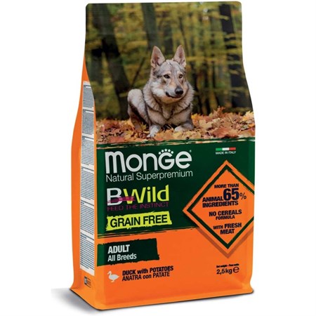 monge bwild grain free all breeds adult anatra e patate 2 5 kg per cani