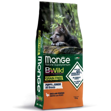 monge bwild grain free puppy junior all breed anatra e patate 2 5 kg