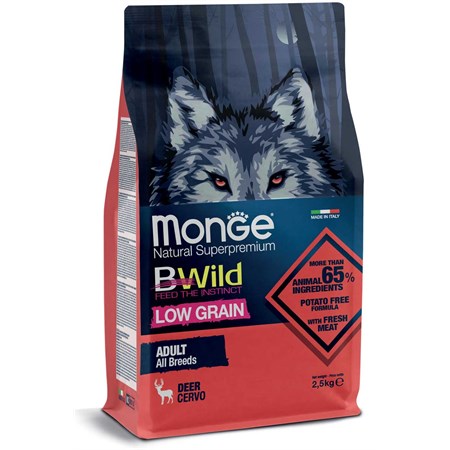 Monge Bwild Low Grain Adult All Breed Cervo 2,5 Kg Per Cani DANNEGGIATO in Cani