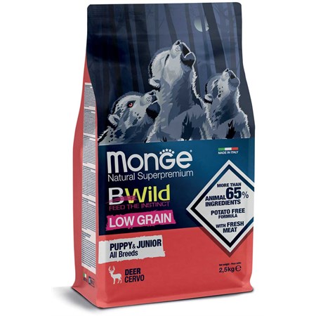 monge bwild low grain all breed puppy junior cervo 2 5 kg per cani