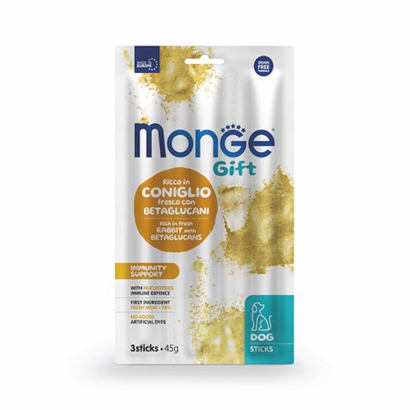 monge gift 3 stick immunity support coniglio betaglucani 45 gr snack per cani
