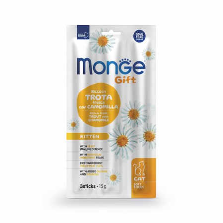 monge gift 3 stick kitten trota camomilla 15 gr snack per gatti