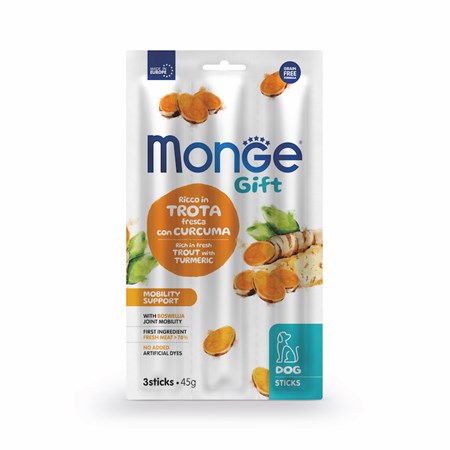 monge gift 3 stick mobility support trota curcuma 45 gr snack per cani