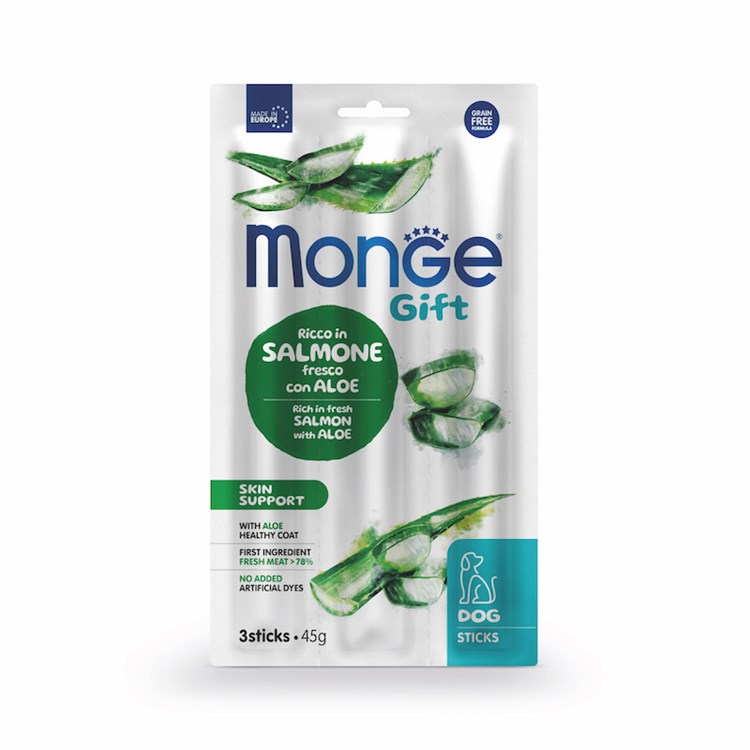 Monge Gift 3 Stick Skin Support Salmone Aloe Vera 45 gr Snack Per