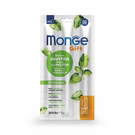 monge gift 3 stick sterilised anatra melissa 15 gr snack per gatti