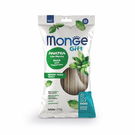 monge gift dental sticks medium maxi anatra menta 270 gr snack per cani