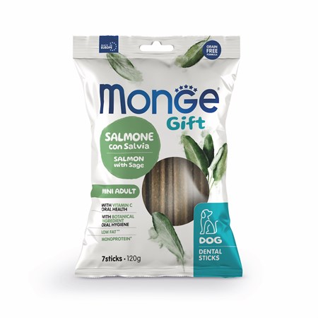 monge gift dental sticks mini salmone salvia 120 gr snack per cani