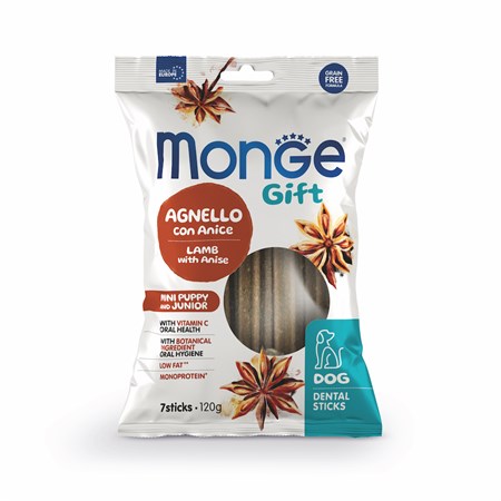 monge gift dental sticks puppy junior mini agnello anice 120 gr snack per cani