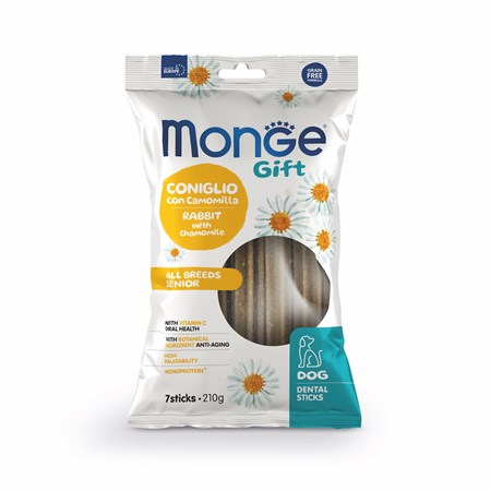 monge gift dental sticks senior coniglio camomilla 210 gr snack per cani